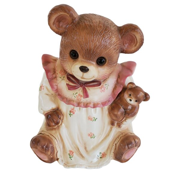 VTG 1980's Teddy Bear Cookie Jar Canister Kitchen Cottagecore Glass Eyes Japan - Picture 8 of 10